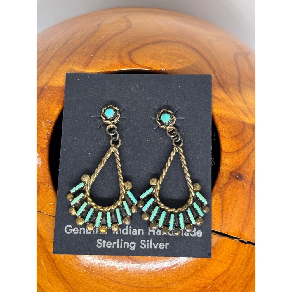 Native American Turquoise Sterling Silver Dangle Earring Genuine Indian Handmade